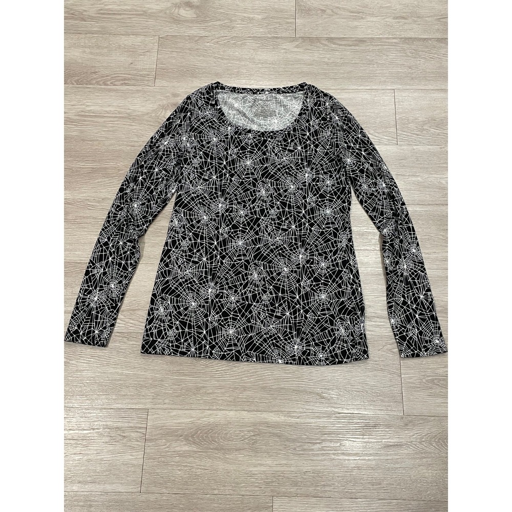 Juniors Long Sleeve T Shirt Halloween Spider Web Print Gothic Layering Size L